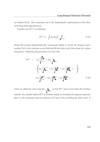 Long-Ranged Substrate Potential
are deﬁned below. The remaining term is the diagrammatic representation of the often
used sharp kink approximation.
Consider now W(1)
, by deﬁnition
W(1)
≡ − dr κδm
(0)
Ξ . (7.17)
Doing this integral diagrammatically corresponds simply to attach the diagram repre-
senting V (r) to the solutions in zero ﬁeld and ﬁll the white circle (thus doing the volume
integration). Following this procedure it is clear that
W(1)
= −m0 + δm1
−


δm1 + m0 + δm1 + · · ·



+m0 + δm1 + m0 + · · · (7.18)
where we added the extra term δm1 so that W(1)
goes to zero when the interface
unbinds. In a similar fashion W(2)
is obtained simply by attaching the diagram represent-
ing V to the remaining terms in equations (7.7) and (7.14) and ﬁlling the white circle. If
141
 