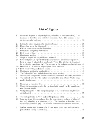 List of Figures
1.1 Schematic diagram of a layer of phase β adsorbed at a substrate Ψ(x). The
interface is described by a collective coordinate l(x). The normals to the
surfaces are also indicated . . . . . . . . . . . . . . . . . . . . . . . . . . . 18
2.1 Schematic phase diagram of a simple substance . . . . . . . . . . . . . . . 25
2.2 Phase diagram of the Ising model . . . . . . . . . . . . . . . . . . . . . . . 26
2.3 Critical behaviour with the dimension . . . . . . . . . . . . . . . . . . . . . 28
2.4 Partial and completely wet surface . . . . . . . . . . . . . . . . . . . . . . 30
2.5 First-order wetting . . . . . . . . . . . . . . . . . . . . . . . . . . . . . . . 31
2.6 Continuous wetting . . . . . . . . . . . . . . . . . . . . . . . . . . . . . . . 32
2.7 Shape of magnetisation proﬁle and potential . . . . . . . . . . . . . . . . . 38
2.8 Same as ﬁgure 1.1, repeated here for convenience. Schematic diagram of a
layer of phase β adsorbed at a substrate Ψ(x). The interface is described
by a collective coordinate l(x). The normals to the surfaces are also indicated 41
2.9 Deﬁnition of the relevant length scales for an interface . . . . . . . . . . . . 44
2.10 First-order wetting in Landau theory . . . . . . . . . . . . . . . . . . . . . 47
2.11 Continuous wetting in Landau theory . . . . . . . . . . . . . . . . . . . . . 48
2.12 The Nakanishi-Fisher global phase diagram of wetting . . . . . . . . . . . . 49
2.13 Monte-Carlo Ising model simulations results, consistent with MF predictions 53
2.14 The critical ratio for the surface susceptibility from Monte Carlo Ising
model simulations . . . . . . . . . . . . . . . . . . . . . . . . . . . . . . . . 54
3.1 Geometry to calculate Ω1
1 . . . . . . . . . . . . . . . . . . . . . . . . . . . . 67
3.2 Numerical simulation results for the interfacial model, the FJ model and
the Nonlocal Model. . . . . . . . . . . . . . . . . . . . . . . . . . . . . . . 74
3.3 Wedge ﬁlling at d = 3 for an opening angle of α. The relevant lengthscales
are indicated. . . . . . . . . . . . . . . . . . . . . . . . . . . . . . . . . . . 75
4.1 The bulk potential in “m4
” and double-parabola (DP). . . . . . . . . . . . 82
4.2 Same as ﬁgure 1.1, reproduced here for convenience. A layer of phase β
(m > 0) adsorbed at a substrate, ψ(x). The interface is described by a
collective coordinate, l(x). The normals to the surfaces are also indicated. 83
5.1 Surface tension as a function of . Exact result (solid line) and ﬁrst-order
perturbation theory (dashed line). . . . . . . . . . . . . . . . . . . . . . . . 110
15
 