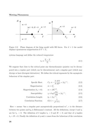 Wetting Phenomena
T
H
T C
TT C
m
m = 0
m > 0
|m| > 0; H = 0
m < 0
m > 0m = 0
Figure 2.2: Phase diagram of the Ising model with SR forces. For d > 1 the model
displays spontaneous magnetisation if T < Tc.
systems language and deﬁne the reduced temperature
tb ≡
Tc − T
Tc
. (2.1)
We suppose that close to the critical point any thermodynamic quantity can be decom-
posed into a regular part (which can be discontinuous) and a singular part (which may
diverge or have divergent derivatives). We deﬁne the critical exponents by the asymptotic
behaviour of the singular part:
Speciﬁc Heat: CN ≡ −
T
N
∂2
F
∂T2
∼ |tb|−α
, (2.2)
Magnetisation: m ∼ tβ
b, (2.3)
Magnetisation (tb = 0): m ∼ |H|1/δ
, (2.4)
Susceptibility: χ ≡ kBT
∂m
∂H
∼ |tb|−γ
, (2.5)
Correlation Length: ξb ∼ |tb|−ν
, (2.6)
Correlation Function: G(r) ∼
1
rd−2+η
. (2.7)
Here ∼ means “has a singular part asymptotically proportional to”, r is the distance
between two points and kB is Boltzmann’s constant. All the deﬁnitions, except δ and η,
are for tb → 0. The deﬁnition of δ implies tb = 0 and H → 0, and that of η implies
tb = H = 0. Finally the deﬁnition of η and ν comes from the behaviour of the correlation
26
 