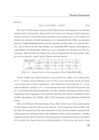 Wetting Phenomena
function:
G(r) ≡ m(r)m(0) − m(0) 2
(2.8)
The van der Waals theory of gases and the Weiss theory of ferromagnets were the ﬁrst
theories with a critical point. Both result in the same set of (wrong) critical exponents.
Landau’s theory of critical phenomena provided a more general view on the subject and
allowed the inclusion of small ﬂuctuations (`a la Ornstein-Zernike (OZ)), an extension
known as Landau-Ginzburg theory, but the exponents are the same as in previous theo-
ries. This is due to the fact that all these are mean-ﬁeld (MF) theories which ignore or
underestimate the ﬂuctuations, which turn out to dominate the behaviour near the crit-
ical point. Table 2.1 lists the values of the critical exponents for the Ising model. They
are also the same for a wide variety of ﬂuids and ferromagnets.
Dimension α β γ δ ν η
2 0 (ln) 1/8 7/4 15 1 1/4
3 0.11... 0.315... 1.24... 4.81... 0.63... 0.04...
≥ 4 (MF) 0 (disc.) 1/2 1 3 1/2 0
Table 2.1: Values of some critical exponents. From Goldenfeld (1992).
Further insight into critical behaviour was provided by studies of the Ising model.
In d = 1 transfer matrix techniques can be used to solve the model exactly and there
is no critical point at ﬁnite temperature. The behaviour of the model for T → 0 has
some peculiarities, though. In d = 2, Lars Onsager famously solved the Ising model with
H = 0 and found non-classical exponents. Yet other valuable techniques are high and low
temperature series expansions of the partition function and computer simulations which
provide approximate, but reliable, values of the exponents, again showing non-classical
values.
Only with Wilson’s Renormalisation Group (RG) theory was a true understanding
of what happens near the critical point achieved. A ﬁrst important result of RG is the
fact that the exponents are the same irrespective of the side from which we approach the
critical point (we anticipated this in the deﬁnitions of the critical exponents). Another
important result is the fact that the critical exponents are largely insensitive to the details
of the models and depend only on the dimensionality of the system, the nature of the
27
 