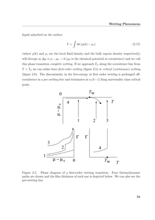 Wetting Phenomena
liquid adsorbed on the surface
Γ = dr (ρ(r) − ρv) (2.17)
(where ρ(r) and ρv are the local ﬂuid density and the bulk vapour density respectively)
will diverge as ∆µ ≡ µ − µ0 → 0 (µ0 is the chemical potential at coexistence) and we call
this phase transition complete wetting. If we approach Tw along the coexistence line from
T < Tw we can either have ﬁrst-order wetting (ﬁgure 2.5) or critical (continuous) wetting
(ﬁgure 2.6). The discontinuity in the free-energy at ﬁrst order wetting is prolonged oﬀ-
coexistence in a pre-wetting line and terminates at a (d−1) Ising universality class critical
point.
µ−µ0
µ − µ 0
T
0
1
Γ Γ
T0
1
2 3
4
2
3
4
Tw
Tw
Figure 2.5: Phase diagram of a ﬁrst-order wetting transition. Four thermodynamic
paths are drawn and the ﬁlm thickness of each one is depicted below. We can also see the
pre-wetting line
31
 