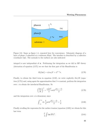 Wetting Phenomena
xΨ( )
l(x)
phaseβ
phaseα
substrate γ
n
n
l
ψ
Figure 2.8: Same as ﬁgure 1.1, repeated here for convenience. Schematic diagram of a
layer of phase β adsorbed at a substrate Ψ(x). The interface is described by a collective
coordinate l(x). The normals to the surfaces are also indicated
integral is now independent of x. Performing the integration as we did in MF theory
(derivation of equation (2.57)) we see that the ﬁrst part of the Hamiltonian is
HI[l(x)] = φ(m0)V + Ld−1
σ. (2.78)
Finally, to obtain the third term in equation (2.82), we write explicitly ∂m/∂l (equa-
tion (2.75)) and, using again the approximation that l ≈ constant, perform the integration
over z to obtain the interfacial Hamiltonian. So
∂m
∂l
2
=
m2
0 k2
4
sech4 k(z − l)
2
(2.79)
and the integration over z is elementary since
+∞
−∞
dz
k
2
sech4 k(z − l)
2
=
4
3
. (2.80)
Finally recalling the expression for the surface tension (equation (2.69)) we obtain for this
last term
σ
2
dx ( l)2
. (2.81)
41
 