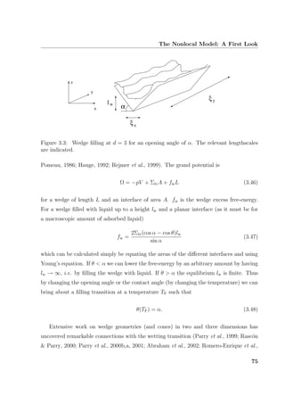 The Nonlocal Model: A First Look
x
y
z
ξy
lw
ξx
α
Figure 3.3: Wedge ﬁlling at d = 3 for an opening angle of α. The relevant lengthscales
are indicated.
Pomeau, 1986; Hauge, 1992; Rejmer et al., 1999). The grand potential is
Ω = −pV + ΣlvA + fwL (3.46)
for a wedge of length L and an interface of area A. fw is the wedge excess free-energy.
For a wedge ﬁlled with liquid up to a height lw and a planar interface (as it must be for
a macroscopic amount of adsorbed liquid)
fw =
2Σlv(cos α − cos θ)lw
sin α
(3.47)
which can be calculated simply be equating the areas of the diﬀerent interfaces and using
Young’s equation. If θ < α we can lower the free-energy by an arbitrary amount by having
lw → ∞, i.e. by ﬁlling the wedge with liquid. If θ > α the equilibrium lw is ﬁnite. Thus
by changing the opening angle or the contact angle (by changing the temperature) we can
bring about a ﬁlling transition at a temperature TF such that
θ(TF) = α. (3.48)
Extensive work on wedge geometries (and cones) in two and three dimensions has
uncovered remarkable connections with the wetting transition (Parry et al., 1999; Rasc´on
& Parry, 2000; Parry et al., 2000b,a, 2001; Abraham et al., 2002; Romero-Enrique et al.,
75
 