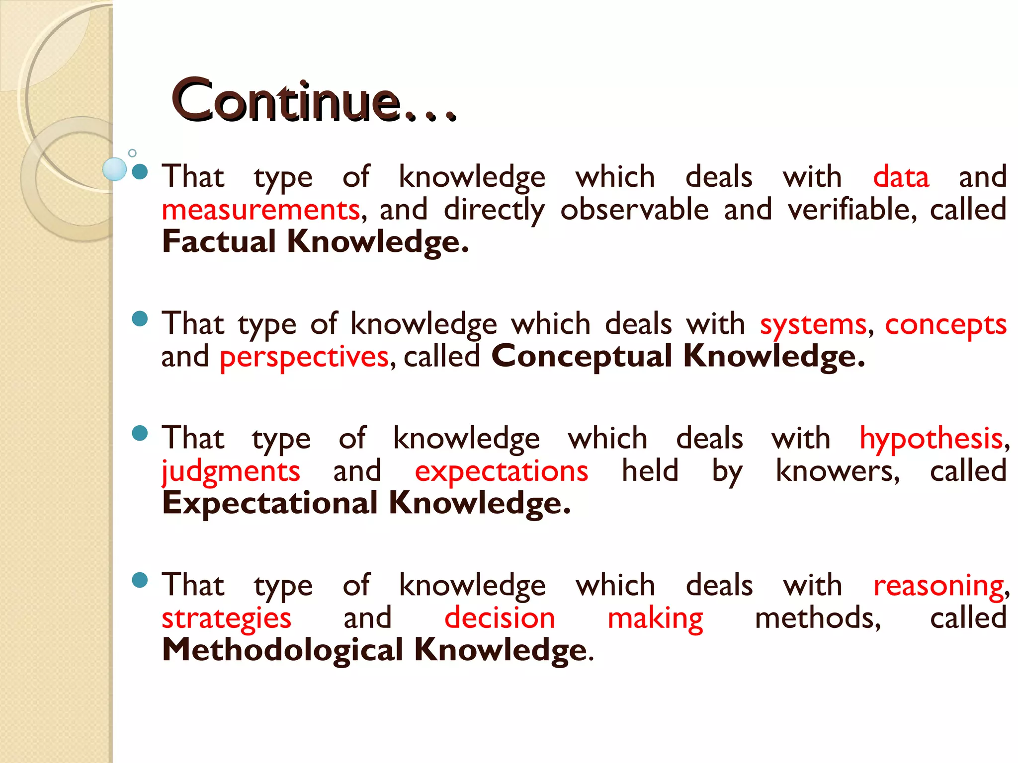Continue…Continue…
 That type of knowledge which deals with data and
measurements, and directly observable and verifiable, called
Factual Knowledge.
 That type of knowledge which deals with systems, concepts
and perspectives, called Conceptual Knowledge.
 That type of knowledge which deals with hypothesis,
judgments and expectations held by knowers, called
Expectational Knowledge.
 That type of knowledge which deals with reasoning,
strategies and decision making methods, called
Methodological Knowledge.
 