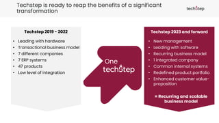 Techstep is ready to reap the benefits of a significant
transformation
Techstep 2019 - 2022 Techstep 2023 and forward
• Leading with hardware
• Transactional business model
• 7 different companies
• 7 ERP systems
• 47 products
• Low level of integration
• New management
• Leading with software
• Recurring business model
• 1 integrated company
• Common internal systems
• Redefined product portfolio
• Enhanced customer value-
proposition
= Recurring and scalable
business model
One
 