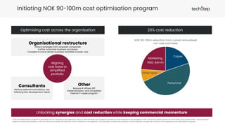 Initiating NOK 90-100m cost optimisation program
Capex
Personnel
Other opex
Marketing,
R&D, Admin
Optimising cost across the organisation 23% cost reduction
Unlocking synergies and cost reduction while keeping commercial momentum
NOK 90-100m reduction from current annualised
run-rate cost base
Organisational restructure
Extract synergies from acquired companies
Further automate business processes
Consider to move certain business activities to lower cost
Consultants
Reduce external consultancy use
following less development needs
Other
Reduce # offices, ERP
implementation, and completed
internal IT capex program
Aligning
cost base to
simplified
portfolio
*The cost optimisation program is prepared by the Company’s management using its best estimate and judgement based on past experience and progress of the Company’s performance as of the date of this presentation, and have been
based on several assumptions, many of which are outside the influence of the Company’s management. Any deviation of these assumptions could materially change the outcome of the expected cost optimisation program.
 
