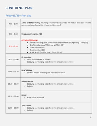 6
CONFERENCE PLAN
Friday (5/8) – First day
7:00 – 8:00
Admin and Chair training (finalizing how many topics will be debated on each day, how the
admins are to perform within the committee room)
8:00 – 8:30 Delegates arrive at the NCC
8:30 – 9:30
OPENING CEREMONY
Introduction of guests, coordinators and members of Organising Team (10’)
Brief Introduction of MUN and VNMUN (10’)
Guest speaker (15’)
Guest speaker (15’)
A few words from Secretary General (10’)
09:30 – 12:00
First session
- Chair introduces MUN process
- Lobbying and merging resolutions into one complete version
12:00 – 13:30
LUNCH BREAK
- Student officers and delegates have a lunch break
13:30 – 15:30
Second session
- Lobbying and merging resolutions into one complete version
- Debate
15:30 – 16:00
BREAK
- Have snacks and drink
16:00 – 18:00
Third session
- Lobbying and merging resolutions into one complete version
- Debate
 
