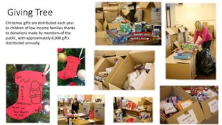Giving Tree
Christmas gifts are distributed each year
to children of low income families thanks
to donations made by members of the
public, with approximately 6,000 gifts
distributed annually.
 