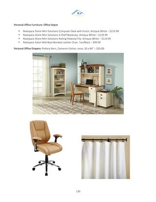 &
& 130&
Personal&Office&Furniture:&Office&Depot&
•! Realspace&Shore&Mini&Solutions&Computer&Desk&with&Hutch,&Antique&White&–&$219.99&
•! Realspace&Shore&Mini&Solutions&4ZShelf&Bookcase,&Antique&White&–&$139.99&
•! Realspace&Shore&Mini&Solutions&Rolling&Pedestal&File,&Antique&White&–&$114.99&
•! Realspace&Eaton&MidZBack&Bonded&Leather&Chair,&Tan/Black&–&$99.99&
Personal&Office&Drapery:&Pottery&Barn,&Cameron&Cotton,&Ivory,&50&x&84”&–&$39.00&
&
& & &
 