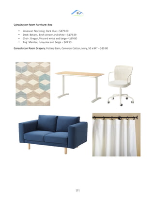 &
& 131&
Consultation&Room&Furniture:&Ikea&
•! Loveseat:&Norsborg,&Dark&blue&–&$479.00&
•! Desk:&Bekant,&Birch&veneer&and&white&–&$179.99&
•! Chair:&Gregor,&Vittyard&white&and&beige&–&$99.00&
•! Rug:&Marslev,&turquoise&and&beige&–&$49.99&
Consultation&Room&Drapery:&Pottery&Barn,&Cameron&Cotton,&Ivory,&50&x&84”&–&$39.00&
&
& & & & & & &
&
&
&
&
 