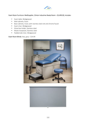 &
& 132&
Exam&Room&Furniture:&MedSupplier,&Clinton&Industries&Ready&Room&–&$2,499.00,&Includes:&
•! Exam&table,&Wedgewood&
•! Wall&cabinets,&Fossil&
•! Base&cabinets,&Fossil,&with&stainless&steel&sink&and&chrome&faucet&
•! Exam&chair,&Wedgewood&
•! Glove&box&holder,&Stainless&steel&
•! Waste&receptacle,&Stainless&steel&
•! Padded&side&chair,&Wedgewood&
Exam&Room&Blinds:&Ikea,&gray&–&$14.99&
&
&
 