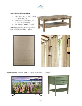 &
& 135&
&
&
&&&&&& &&&&&&&&&&&&&&&&&
&
&
&
&
& & &
&
Lobby&Television:&Samsung,&Black,&32”&Class&LED&1080p&HDTV&–&$219.99&
&
&
&
&
Lobby&Furniture:&Ashley&Furniture&
• Coffee&Table:&Bisque,&48''&w&x&24''&d&
x&18.25''&h&–&$254.99&
• Media&Stand:&Green,&44.75''&w&x&
21.5''&d&x&36''&h&–&$399.99&
• Rug:&Steel,&60''&w&x&84''&d&–&$99.00&
Lobby&Drapery:&Pottery&Barn,&Belgian&linen&
sheer&drapes,&Flax,&50&x&84”&–&$69.00&
 
