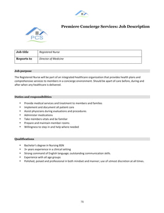 &
& 78&
Premiere Concierge Services: Job Description
Job title Registered(Nurse((
Reports to Director(of(Medicine((
Job purpose
The!Registered!Nurse!will!be!part!of!an!integrated!healthcare!organization!that!provides!health!plans!and!
comprehensive!services!to!members!in!a!concierge!environment.!Should!be!apart!of!care!before,!during!and!
after!when!any!healthcare!is!delivered.!!
Duties and responsibilities
•! Provide!medical!services!and!treatment!to!members!and!families!!
•! Implement!and!document!all!patient!care!
•! Assist!physicians!during!evaluations!and!procedures!
•! Administer!medications!
•! Take!members!vitals!and!be!familiar!!
•! Prepare!and!maintain!member!rooms!!
•! Willingness!to!step!in!and!help!where!needed!!
Qualifications
•! Bachelor's!degree!in!Nursing!BSN!
•! 3+!years!experience!in!a!clinical!setting!!
•! Strong!command!of!English!language;!outstanding!communication!skills.!
•! Experience!with!all!age!groups!!
•! Polished,!poised!and!professional!in!both!mindset!and!manner;!use!of!utmost!discretion!at!all!times.!
& &
 