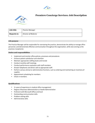 &
& 79&
Premiere Concierge Services: Job Description
Job title Practice(Manager(
Reports to Director(of(Medicine((
Job purpose
The!Practice!Manager!will!be!responsible!for!overseeing!the!practice,!demonstrate!the!ability!to!manage!office!
personnel,!and!demonstrate!effective!communication!throughout!the!organization,!while!also!serving!as!the!
practices!receptionist.!
Duties and responsibilities
•! Implement!and!monitor!office!policies,!processes!and!procedures!!
•! Enhance!patient!satisfaction!and!retention.!!
•! Maintain!appropriate!staffing!levels!and!morale!!
•! Conduct!monthly!staff!meetings.!!
•! Conduct!performance!evaluation!with!staff!members!
•! Answer!telephones!and!direct!calls!to!appropriate!staff.!!
•! Perform!various!clerical!or!administrative!functions,!such!as!ordering!and!maintaining!an!inventory!of!
supplies!
•! Appointment!scheduling!for!members!!!
•! Check!in!members!
Qualifications
•! 5+!years!of!experience!in!medical!office!management!!
•! Degree!of!Business!Administration!or!Health!Administration!
•! Proficient!with!Microsoft!Office!and!Excel!!
•! Outstanding!communication!skills!
•! Problem!solving!skills!!
•! Administrative!skills!!
 