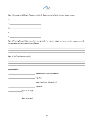&
& 82&
Part)3:)Developmental!Goals:!Agree!on!and!list!3!:!5!developmental!goals!for!next!review!period.!
1.!_____________________________________!
2.!_____________________________________!
3.!_____________________________________!
4.!_____________________________________!
5.!_____________________________________!
Part)4:)Training!Needs:)List!any!specific!training!needed!to!improve!job!performance!or!make!progress!toward!
achieving!agreed:upon!developmental!goals.!
___________________________________________________________________________________________
___________________________________________________________________________________________
___________________________________________________________________________________________
Part)5:)Staff!member!comments!
___________________________________________________________________________________________
___________________________________________________________________________________________
___________________________________________________________________________________________
___________________________________________________________________________________________
Completed)by:)
________________________________!Staff!member!Name!(Please!Print)!
________________________________!Signature!
________________________________!Supervisor!Name!(Please!Print)
________________________________!Signature!
________________!Date!Evaluated!!
!
________________!Date!Reviewed!&
&
& &
 
