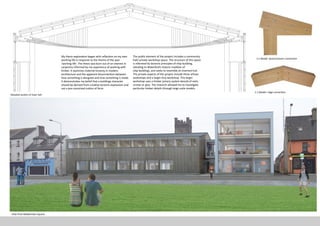 My thesis exploration began with reflection on my own
working life in response to the theme of the year
‘working life’. The thesis was born out of an interest in
carpentry informed by my experience of working with
timber. It examines material honesty in modern
architecture and the apparent disconnection between
how something is designed and how something is made.
It demonstrates my belief that a buildings character
should be derived from creative tectonic expression and
not a pre-conceived notion of form.
The public element of the project includes a community
hall/ private workshop space. The structure of this space
is informed by tectonic principles of ship­-building,
(alluding to Waterford’s historic tradition of
ship-building), and seeks to resemble an inverted hull.
The private aspects of the project include three artisan
workshops and a larger Etsy workshop. This larger
workshop uses a timber joinery system devoid of nails,
screws or glue. The research allowed me to investigate
particular timber details through large scale models.
1:1 Model- beam/column connection
1:1 Model- ridge connection
Detailed section of main hall
View from Ballybricken Square
 