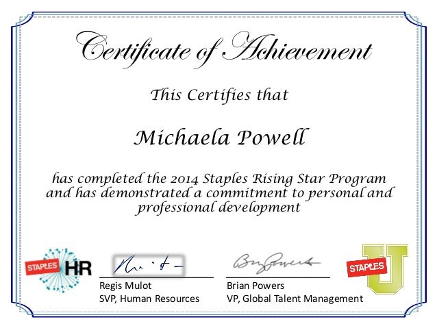 Michaela Powell Rising Stars Certificate