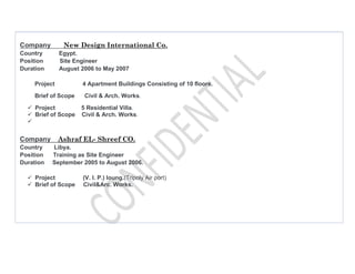 Company New Design International Co.
Country Egypt.
Position Site Engineer
Duration August 2006 to May 2007
Project 4 Apartment Buildings Consisting of 10 floors.
Brief of Scope Civil & Arch. Works.
Project 5 Residential Villa.
Brief of Scope Civil & Arch. Works.
Company Ashraf EL- Shreef CO.
Country Libya.
Position Training as Site Engineer
Duration September 2005 to August 2006.
Project (V. I. P.) loung.(Tripoly Air port)
Brief of Scope Civil&Arc. Works.
 