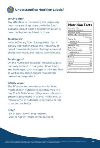 Serving size:1
Pay attention to the serving size, especially
how many servings there are in the food
package. Also, It is not a recommendation of
how much you should eat or drink.
Total Carbs:1
Include Dietary ﬁber: Eating a diet high in
dietary ﬁber can increase the frequency of
bowel movements, lower blood glucose and
cholesterol levels, and reduce calorie intake.
Total sugars:1
On the Nutrition Facts label includes sugars
naturally present in many nutritious foods
and beverages, such as sugar in milk and fruit
as well as any added sugars that may be
present in the product.
%Daily value:1
The FDA sets recommendations for how
much of each nutrient to be consumed in a
day. The % Daily Value tells you are reference
amounts (expressed in grams, milligrams, or
micrograms) of nutrients to consume or not
to exceed each day.
Note:1
• 5% or less = low in that nutrient.
• 20% or higher = high in that nutrient.
Understanding Nutrition Labels:1
1. U.S. Food and Drug Administration. How to Understand and Use the Nutrition Facts Label. Available at: https://www.fda.gov/food/new-
nutrition-facts-label/how-understand-and-use-nutrition-facts-label. Last accessed: June 2023.
13
 