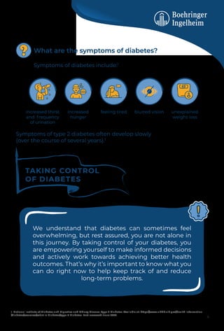 TAKING CONTROL
OF DIABETES
We understand that diabetes can sometimes feel
overwhelming, but rest assured, you are not alone in
this journey. By taking control of your diabetes, you
are empowering yourself to make informed decisions
and actively work towards achieving better health
outcomes. That’s why it’s important to know what you
can do right now to help keep track of and reduce
long-term problems.
What are the symptoms of diabetes?
Symptoms of diabetes include:1
Symptoms of type 2 diabetes often develop slowly
(over the course of several years).1
increased thirst
and frequency
of urination
increased
hunger
feeling tired blurred vision unexplained
weight loss
1. National Institute of Diabetes and Digestive and Kidney Disease. Type 2 Diabetes. Available at: https://www.niddk.nih.gov/health-information
/diabetes/overview/what-is-diabetes/type-2-diabetes. Last accessed: June 2023.
4
 