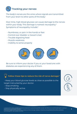 The body’s nerves are the wires where signals are transmitted
from your brain to other parts of the body.1
Over time, high blood glucose can cause damage to the nerves
within your body. This damage is named: neuropathy.2
Symptoms of neuropathy include:2
- Numbness, or pain in the hands or feet
- Control over bladder or bowel is lost
- Trouble digesting food
- Muscle weakness
- Inability to sense properly
Tracking your nerves:
Follow these tips to reduce the risk of nerve damage:2
- Keep your blood glucose levels as close as possible to the
target instructed by your doctor.
- Stop smoking.
- Stay physically active.
Be sure to inform your doctor if you or your loved one with
diabetes are experiencing any of them.
1. Cleveland Clinic. Nerves. Available at: https://my.clevelandclinic.org/health/body/22584-nerves#:~:text=What are nerves%3F,breathing%2C sweating or
digesting food. Last accessed: June 2023.
2. Centers for Disease Control and Prevention. Diabetes and Nerve Damage. Available at: https://www.cdc.gov/diabetes/library/features/diabetes-
nerve-damage.html. Last accessed: June 2023.
7
 