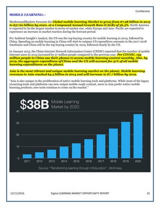 Confidential
12/11/2016 Digital LEARNING MARKET OPPORTUNITY REPORT 10
MOBILE LEARNING: -
MarketsandMarkets forecasts the Global mobile learning Market to grow from $7.98 billion in 2015
to $37.60 billion by 2020, at a Compound Annual Growth Rate (CAGR) of 36.3%. North America
is expected to be the largest market in terms of market size, while Europe and Asia- Pacific are expected to
experience an increase in market traction during the forecast period.
Per Ambient Insight’s Analyst, the US was the top buying country for mobile learning in 2014, followed by
China. Spending on mobile learning in China will start to outpace US expenditure amounts in the 2017-2018
timeframe and China will be the top buying country by 2019, followed closely by the US.
In January 2015, the China Internet Network Information Center (CNNIC) reported that the number of mobile
Internet users in 2014 increased by 57 million people compared to the previous year. Per CINNIC, 195
million people in China use their phones to access mobile learning content monthly. Also, by
2019, the aggregate expenditure of China and the US will account for 31% of all mobile
learning expenditures on the planet.
Asia is the most vibrant and unique mobile learning market on the planet. Mobile learning
revenues in Asia reached $4.5 billion in 2014 and will increase to $7.7 billion by 2019.
“Asia is also unique in the proliferation of native mobile learning tools and platforms. While most of the legacy
eLearning tools and platforms can now output mobile-ready content, users in Asia prefer native mobile
learning products; new tools continue to come on the market.”
 