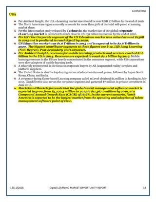 Confidential
12/11/2016 Digital LEARNING MARKET OPPORTUNITY REPORT 18
USA
Per Ambient Insight, the U.S. eLearning market size should be over USD 27 billion by the end of 2016.
The North American region currently accounts for more than 50% of the total self-paced eLearning
market share.
Per the latest market study released by Technavio, the market size of the global corporate
eLearning market is predicted to reach close to USD 31 billion in revenue by the end of 2020.
Per GSV the Corporate segment of the US Education market was valued around $236B
in 2015 and is predicted to reach $310B by 2020.
US Education market was $1.6 Trillion in 2015 and is expected to be $2.6 Trillion in
2020. The biggest contributor segments to these figures are k-12, Life Long Learning
(Non-Degree), Post-Secondary and Corporate.
Per Ambient Insight, revenues for mobile learning products and services reached $1.6
billion in the US in 2014. Revenues are expected to reach $2.1 billion by 2019. Mobile
learning revenues in the US are heavily concentrated in the consumer segment, while US corporations
were slow adopters of mobile learning tools.
A relatively recent trend is the focus on corporate buyers by AR (augmented reality) services and
platform suppliers.
The United States is also the top-buying nation of education-focused games, followed by Japan South
Korea, China, and India.
A corporate-facing Game-based Learning company called mLevel obtained $5 million in funding in July
2015. GamEffective also serves the corporate segment and garnered $7 million in private investment in
June 2016.
MarketsandMarkets forecasts that the global talent management software market is
expected to grow from $5,270.3 million in 2014 to $11,367.0 million by 2019, at a
Compound Annual Growth Rate (CAGR) of 16.6%. In the current scenario, North
America is expected to be the largest market from the spending and adoption of talent
management software point of view.
 