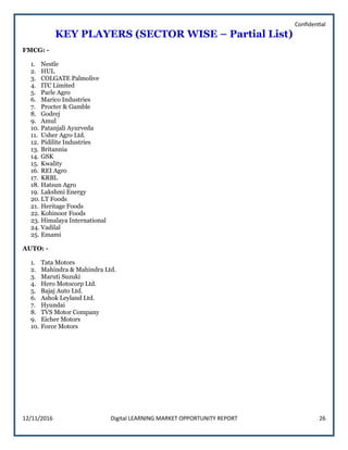 Confidential
12/11/2016 Digital LEARNING MARKET OPPORTUNITY REPORT 26
KEY PLAYERS (SECTOR WISE – Partial List)
FMCG: -
1. Nestle
2. HUL
3. COLGATE Palmolive
4. ITC Limited
5. Parle Agro
6. Marico Industries
7. Procter & Gamble
8. Godrej
9. Amul
10. Patanjali Ayurveda
11. Usher Agro Ltd.
12. Pidilite Industries
13. Britannia
14. GSK
15. Kwality
16. REI Agro
17. KRBL
18. Hatsun Agro
19. Lakshmi Energy
20. LT Foods
21. Heritage Foods
22. Kohinoor Foods
23. Himalaya International
24. Vadilal
25. Emami
AUTO: -
1. Tata Motors
2. Mahindra & Mahindra Ltd.
3. Maruti Suzuki
4. Hero Motocorp Ltd.
5. Bajaj Auto Ltd.
6. Ashok Leyland Ltd.
7. Hyundai
8. TVS Motor Company
9. Eicher Motors
10. Force Motors
 