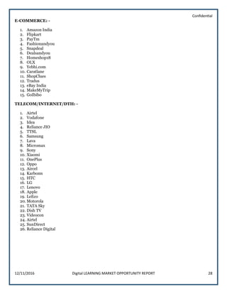 Confidential
12/11/2016 Digital LEARNING MARKET OPPORTUNITY REPORT 28
E-COMMERCE: -
1. Amazon India
2. Flipkart
3. PayTm
4. Fashionandyou
5. Snapdeal
6. Dealsandyou
7. Homeshop18
8. OLX
9. Yebhi.com
10. Caratlane
11. ShopClues
12. Tradus
13. eBay India
14. MakeMyTrip
15. GoIbibo
TELECOM/INTERNET/DTH: -
1. Airtel
2. Vodafone
3. Idea
4. Reliance JIO
5. TTSL
6. Samsung
7. Lava
8. Micromax
9. Sony
10. Xiaomi
11. OnePlus
12. Oppo
13. Aircel
14. Karbonn
15. HTC
16. LG
17. Lenovo
18. Apple
19. LeEco
20. Motorola
21. TATA Sky
22. Dish TV
23. Videocon
24. Airtel
25. SunDirect
26. Reliance Digital
 