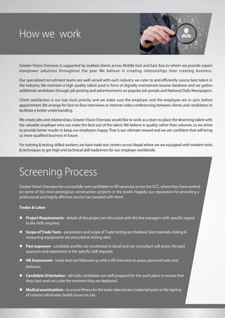 How we work
Greater Vision Overseas is supported by exalted clients across Middle East and East Asia to whom we provide expert
manpower solutions throughout the year. We believe in creating relationships than creating business.
Our specialized recruitment teams are well versed with each industry we cater to and efficiently source best talent in
the industry. We maintain a high quality talent pool in form of digitally maintained resume database and we gather
additional candidates through job posting and advertisements on popular job portals and National Daily Newspapers.
Client satisfaction is our top most priority and we make sure the employer and the employee are in sync before
appointment.We arrange for face-to-face interviews or internet video conferencing between clients and candidates to
facilitate a better understanding.
We create jobs and relationships.Greater Vision Overseas would like to work as a team to place the deserving talent with
the valuable employer who can make the best out of the talent.We believe in quality rather than volumes,so we strive
to provide better results to keep our employers happy.That is our ultimate reward and we are confident that will bring
us more qualified business in future.
For training & testing skilled workers,we have trade test centers across Nepal where we are equipped with modern tools
& techniques to get high end technical skill tradesmen for our employer worldwide.
GreaterVision Overseas has successfully sent candidates to fill vacancies across the GCC,where they have worked
on some of the most prestigious construction projects in the world. Happily, our reputation for providing a
professional and highly effective service has traveled with them.
Trades & Labor
l Project Requirements - details of the project are discussed with the line managers with specific regard
to the skills required.
l Scope of Trade Tests - parameters and scope of Trade testing are finalized.Site materials,testing &
measuring equipments are procured at testing sites.
l Past exposure - candidate profiles are scrutinized in detail and our consultant will assess the past
exposure and experience in the specific skill required.
l HR Assessment - trade tests are followed up with a HR interview to assess personal traits and
behavior.
l Candidate Orientation - all trade candidates are well prepared for the work place to ensure that
they start work on a site the moment they are deployed.
l Medical examinations - to ensure fitness for the trade selected are conducted prior to the signing
of contract eliminates health issues on site.
Screening Process
 