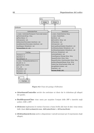 Capitolo 8
Organizzazione del codice
Questo capitolo contiene la descrizione dei packages che compongono l’applicazione e illustra
i rapporti che intercorrono tra le varie classi. Gli schemi UML delle classi adottano queste
notazioni:
Package
Package
rappresenta un package Java contenente pi`u classi;
Classe
Classe
rappresenta una classe Java; possono essere visualizzati o
meno gli attributi e i metodi;
Dipendenza
Classe A Classe B
la freccia tratteggiata mette in relazione di dipendenza due
classi; questo indica che a un cambiamento della Classe B
deve seguire una modiﬁca della Classe A;
Generalizzazione
Classe A Classe B
la freccia continua mette in relazione di parentela due
classi; la Classe B rappresenta il padre mentre la Classe A
il ﬁglio; in Java signiﬁca che la Classe A estende la Classe B.
Le classi che formano l’applicazione sono raccolte in quattro packages che ora verranno
brevemente descritti.
 