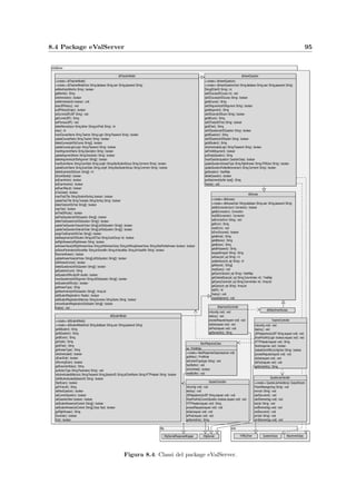 92 Organizzazione del codice
swing
JDialog
util
JFrame
TimerTask
eValStudent
TimeClass
TimeInterval : int
SecondsLeft : int
SecondsElapsed : int
create TimeClass(SecondsInterval: int)
Round(N: int) : int
getServerTime() : boolean
run() : void
TimeRefresh() : void
Decrement() : void
setTimeout() : void
AuthenticationPanel
create AuthenticationPanel(parent: Frame,modal: boolean)
getAuthenticationString() : String
getReturnStatus() : int
initComponents() : void
okButtonActionPerformed(evt: ActionEvent) : void
cancelButtonActionPerformed(evt: ActionEvent) : void
closeDialog(evt: WindowEvent) : void
doClose(retStatus: int) : void
StudentClient
create StudentClient(host: String)
create StudentClient()
StartClient() : void
setError(strError: String) : void
initParameters() : void
initComponents() : void
buttonLoginMouseClicked(evt: MouseEvent) : void
formWindowIconified(evt: WindowEvent) : void
formWindowDeactivated(evt: WindowEvent) : void
exitForm(evt: WindowEvent) : void
AuthenticateStudent() : void
Extract(Response: String,tag: String) : String
RequestURL(Action: String) : String
RequestURL(Action: String,Parameters: String) : String
sendServerRequest(strRequest: String) : String
Violation(Type: String,Parameters: String) : void
setLoginButton(b: boolean) : void
CloseClient() : void
main(args: String[]) : void
Figura 8.2: Classi del package eValStudent.
• AttachmentController servlet che restituisce ai client che lo richiedono gli allegati
dei quesiti;
• BackResponseClass viene usata per acquisire l’output delle JSP e inserirlo negli
archivi JAR o ZIP;
• dbAccess implementa le routine d’accesso a basso livello alla base di dati; viene estesa
dalle classi dbAttachmentAccess, dbStudentModel e dbTeacherModel
• dbAttachmentAccess mette a disposizione i metodi necessari per il reperimento degli
allegati;
 