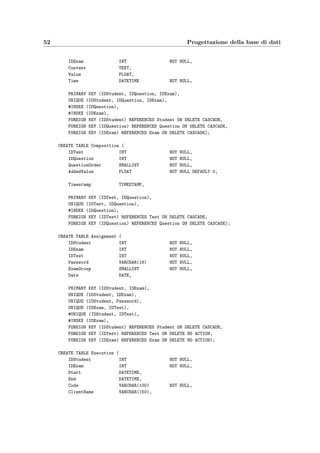 5.3 Schema ﬁsico 49
Memorandum VARCHAR (250) NOT NULL ,
4 IDArgument INT NOT NULL ,
Text MEDIUMTEXT ,
6 RightAnswer VARCHAR (200) ,
AnswerType VARCHAR (40) NOT NULL ,
8 Corrector VARCHAR (40) DEFAULT ’AnswerMatch ’ NOT NULL ,
Difficulty FLOAT ,
10 InsertionDate DATETIME ,
Comment TEXT ,
• deﬁnire i vincoli di integrit`a intrarelazionale cio`e le chiavi primarie e secondarie:
12 PRIMARY KEY ( IDQuestion),
UNIQUE ( Memorandum , IDArgument),
• deﬁnire i vincoli di integrit`a interrelazionale cio`e i vincoli diintegrit`a referenziale
ovvero le chiavi esterne, anche se MySQL non le implementa e quindi non le terr`a in
considerazione:
14 FOREIGN KEY ( IDArgument ) REFERENCES Argument ON DELETE SET NULL );
La deﬁnizione completa dello schema della base di dati `e:
CREATE DATABASE eVal;
USE eVal;
CREATE TABLE Question (
IDQuestion INT NOT NULL AUTO_INCREMENT,
Memorandum VARCHAR(250) NOT NULL,
IDArgument INT NOT NULL,
Text MEDIUMTEXT,
RightAnswer VARCHAR(200),
AnswerType VARCHAR(40) NOT NULL,
Corrector VARCHAR(40) DEFAULT ’AnswerMatch’ NOT NULL,
Difficulty FLOAT,
InsertionDate DATETIME,
Comment TEXT,
PRIMARY KEY (IDQuestion),
UNIQUE (IDQuestion),
UNIQUE (Memorandum, IDArgument),
#INDEX (Memorandum, IDArgument),
#INDEX (IDArgument),
#INDEX (Difficulty),
FOREIGN KEY (IDArgument) REFERENCES Argument ON DELETE SET NULL);
CREATE TABLE Argument (
IDArgument INT NOT NULL AUTO_INCREMENT,
Name VARCHAR(250) NOT NULL,
 