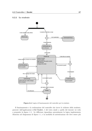 64 Progettazione dell’applicazione server
4 getInitParameter ( ” user ” ) , getInitParameter ( ”password” ) ,
Integer . parseInt ( getInitParameter ( ”minConnections” )) ,
6 Integer . parseInt ( getInitParameter ( ”maxConnections” )) ,
new Fil e ( ErrorLog . getLogDirectory () ,
8 ” eVal TeacherBroker . log ” ) . getAbsolutePath () ,
Double . parseDouble ( getInitParameter ( ”maxConnectionTime” ) ) , true ,
10 Integer . parseInt ( getInitParameter ( ”maxCheckoutSeconds” ) ) , 1 ) ;
nelle righe 2–6 la funzione getInitParameter restituisce i parametri letti dal ﬁle web.xml e
servono per inizializzare il pool. Appena avviato, il servlet `e pronto ad accettare le richieste
HTTP che vengono passate, assieme alla risposta che dovr`a essere mandata indietro, al metodo
protected void processRequest ( HttpServletRequest request ,
2 HttpServletResponse response )
throws ServletException , java . io . IOException
Questo metodo deve allora contenere le procedure necessarie per l’autenticazione, la ge-
stione delle sessioni, l’aggiornamento del Model e deve scegliere la View pi`u opportuna da
visualizzare. Infatti all’arrivo di una richiesta il servlet recupera l’eventuale sessione esistente:
HttpSession s e s s i o n = request . getSession ( ) ;
dbTeacherModel Teacher =
( dbTeacherModel ) s e s s i o n . getAttribute ( ”teacherDB” ) ;
e da questa recupera il JavaBean implementato dalla classe dbTeacherModel che mette a
disposizione i metodi per l’aggiornamento della base di dati. Il docente che si collega la prima
volta al sistema non ha ancora una sua sessione di lavoro e quindi nemmeno il bean. Deve
quindi inserire le proprie login e password che verranno inviate al server assieme alla richiesta
di autenticazione; in questo caso il servlet istanzia un nuovo JavaBean e controlla che la login
e la password corrispondano al docente di un corso:
Teacher = new dbTeacherModel ( ) ;
2 . . .
i f ( Teacher . isAuthenticated ( Login , Password ) ) {
4 ErrorLog . write ( ”Docente autenticato : ” + HTTPHeader( request ) ) ;
SessionTracked = true ;
6 s e s s i o n . setAttribute ( ”teacherDB” , Teacher ) ;
s e s s i o n . setMaxInactiveInterval (
8 Integer . parseInt ( getInitParameter ( ” MaxInactiveInterval ” ) ) ) ;
i f ( request . getParameter ( ”Applet”) == n u l l ) URI = ”Main” ;
10 e l s e URI = ” AppletAuthentication ” ;
} e l s e {
12 s e s s i o n . i n v a l i d a t e ( ) ;
ErrorLog . write ( ”−−− I l seguente c l i e n t DOCENTE ” +
14 ” ( login : ” + Login + ” ) non `e stato autenticato : ” +
HTTPHeader( request ) ) ;
16 }
alla riga 3 il servlet veriﬁca l’identit`a del docente mediante la funzione isAuthenticated
del Model; alla riga 6 salva, nell’ambito della sessione di lavoro, il bean corrispondente al
 