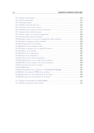 vi ELENCO DELLE FIGURE
10.1 Pagina di benvenuto . . . . . . . . . . . . . . . . . . . . . . . . . . . . . . . . 114
10.2 Testata principale . . . . . . . . . . . . . . . . . . . . . . . . . . . . . . . . . 114
10.3 Menu principale . . . . . . . . . . . . . . . . . . . . . . . . . . . . . . . . . . . 115
10.4 Modiﬁca dei dati del corso . . . . . . . . . . . . . . . . . . . . . . . . . . . . . 116
10.5 Creazione di un nuovo esame . . . . . . . . . . . . . . . . . . . . . . . . . . . 117
10.6 Modiﬁca di un esame ancora da sostenere . . . . . . . . . . . . . . . . . . . . 118
10.7 Stampa della tabella d’esame . . . . . . . . . . . . . . . . . . . . . . . . . . . 119
10.8 Esame svolto o in corso di svolgimento . . . . . . . . . . . . . . . . . . . . . . 120
10.9 Stampa della lista dei risultati . . . . . . . . . . . . . . . . . . . . . . . . . . . 122
10.10Compito svolto o in corso di svolgimento dello studente . . . . . . . . . . . . 122
10.11Compito assegnato ad uno studente . . . . . . . . . . . . . . . . . . . . . . . 123
10.12Visualizzazione di un quesito . . . . . . . . . . . . . . . . . . . . . . . . . . . 124
10.13Rapporto su un compito svolto . . . . . . . . . . . . . . . . . . . . . . . . . . 124
10.14Compito assegnato per un appello d’esame . . . . . . . . . . . . . . . . . . . . 125
10.15Modiﬁca di un quesito . . . . . . . . . . . . . . . . . . . . . . . . . . . . . . . 126
10.16Modiﬁca di un argomento . . . . . . . . . . . . . . . . . . . . . . . . . . . . . 127
10.17Stampa di un argomento . . . . . . . . . . . . . . . . . . . . . . . . . . . . . . 127
10.18Creazione di un nuovo argomento . . . . . . . . . . . . . . . . . . . . . . . . . 128
10.19Visualizzazione di un compito gi`a assegnato . . . . . . . . . . . . . . . . . . . 128
10.20Modiﬁca di un compito non ancora assegnato . . . . . . . . . . . . . . . . . . 129
10.21Creazione di un nuovo compito . . . . . . . . . . . . . . . . . . . . . . . . . . 130
10.22eValQuestion . . . . . . . . . . . . . . . . . . . . . . . . . . . . . . . . . . . . 131
10.23Visualizzazione di un quesito in e–Val Question Manager . . . . . . . . . . . . 134
10.24Editor del sorgente HTML di un quesito . . . . . . . . . . . . . . . . . . . . . 136
10.25Diagramma per la preparazione di un’esame . . . . . . . . . . . . . . . . . . . 138
10.26Diagramma per la correzione di un’esame . . . . . . . . . . . . . . . . . . . . 139
11.1 Pagina di benvenuto di e–Val Student . . . . . . . . . . . . . . . . . . . . . . . 141
11.2 Quesito presentato allo studente . . . . . . . . . . . . . . . . . . . . . . . . . 143
 