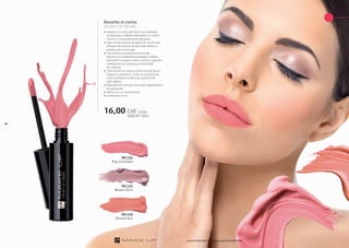 Rossetto in crema
VELVET LIP CREAM
»» rossetto in crema dal finish mat vellutato, 	
	 studiato per conferire alle labbra un colore 	
	 intenso e una protezione adeguata
»» l’alta concentrazione di pigmenti e la formula 	
	 vellutata del rossetto donano alle labbra un 	
	 aspetto sano e sensuale
»» l’innovativa combinazione di acido
	 ialuronico e tripeptide protegge le labbra
	 dall’azione di agenti esterni nocivi e apporta
	 un’idratazione istantanea, rendendole
	 più carnose
»» l’olio di semi di cotone, fonte di acidi grassi 	
	 insaturi e vitamina E, nutre accuratamente 	
	 e ammorbidisce la delicata epidermide 	
	 delle labbra
»» dalla texture cremosa che rende l’applicazione
	 più piacevole
»» delizia con un aroma dolce
»» confezione: 8 ml
Orange Silk
FM | li24
Pink Cashmere
FM | li22
Brown Satin
FM | li23
16,00 CHF/ 8 ml
200,00CHF/100ml
I prodotti FM GROUP MAKE UP sono prodotti originali di FM GROUPWorld.
44
 
