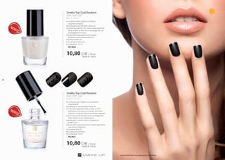 NOVITA’
NOVITA’
Smalto Top Coat fissatore
NAIL TOP COAT
matte effect
»» conferisce alle unghie una finitura 	
	 originale ed opaca
»» prolunga la tenuta della manicure
»» contiene polimeri che creano sulla superficie	
	 dello smalto un film che lo protegge da, urti	
	 scheggiature ed usura
»» il pennello appositamente studiato 	
	 garantisce una stesura uniforme
»» contiene filtri UV
»» si asciuga facilmente
»» confezione: 10 ml
	 FM | n036
Smalto Top Coat fissatore
NAIL TOP COAT
GLOSSY effect
»» conferisce alle unghie una lucentezza 		
	straordinaria
»» prolunga la tenuta della manicure
»» crea sulla superficie dello smalto un film
	 polimerico che dona luminosità ed inoltre
	 rinforza e rende più elastica la lamina ungueale
»» aumenta l’intensità del colore, proteggendo 		
	 dallo sbiadimento e dall’opacità
»» protegge lo smalto dalle scheggiature 		
	 e dall’usura
»» il pennello appositamente studiato garantisce 	
	 una stesura uniforme
»» contiene filtri UV
»» si asciuga facilmente
»» confezione: 10 ml
	 FM | n037
10,80 CHF/ 10 ml
108,00CHF/100ml
10,80 CHF/ 10 ml
108,00CHF/100ml
I prodotti FM GROUP MAKE UP sono prodotti originali di FM GROUPWorld.
52
 