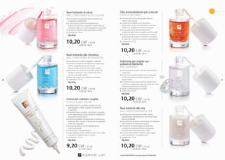 I prodotti FM GROUP MAKE UP sono prodotti originali di FM GROUPWorld.
5756
Base trattante al calcio
NAIL CONDITIONER WITH CALCIUM
»» un rimedio insostituibile per le unghie che 		
	 si spezzano facilmente
»» il calcio attivo rinforza intensamente e 		
	 indurisce la lamina ungueale, rendendola più 		
	 resistente agli urti e meno propense a spezzarsi
»» contiene sostanze dalle proprietà lucidanti
»» confezione: 10 ml
	 FM | n103
Olio ammorbidente per cuticole
CUTICLE SOFTENER
»» indicato per la cura della pelle delicata 	
	 intorno alle unghie
»» contiene microgranuli di noccioli di 	
	 albicocche e gusci di mandorle e noci che 	
	 esfoliano e levigano la lamina ungueale
»» la seta apporta la giusta idratazione, 	
	 conferendo alle mani un aspetto sano e curato
»» l’estratto di alghe ammorbidisce le cuticole, 	
	 facilitandonelarimozione,mentreil	complesso 	
	 di vitamine C ed E ha un’azione antiossidante
»» confezione: 10 ml
	 FM | n105
Indurente per unghie con
polvere di diamante
NAIL HARDENER
»» pensato per le unghie delicate che tendono 		
	 a spezzarsi
»» forma sulla superficie della lamina ungueale 		
	 un film protettivo, resistente all’azione di 		
	 agenti esterni
»» la polvere di diamante rinforza visibilmente 		
	 e rende le unghie più dure, donando loro una 	
	 brillantezza che dura nel tempo
»» ideale come base per lo smalto
»» confezione: 10 ml
	 FM | n104
Crema per cuticole e unghie
CUTICLE & NAIL CREAM
»» indicata per la cura delle cuticole secche, 		
	 danneggiate e delle unghie che tendono 		
	 a spezzarsi
»» contiene burro di karitè, cera d’api e vitamina 		
	 E che apportano il giusto livello di idratazione 	
	 e nutrono la pelle secca
»» l’olio di mandorle e il pantenolo conferiscono 		
	 elasticità alle cuticole, rinforzando e levigando 	
	 la lamina ungueale
»» una punta pratica rende l’applicazione 		
	 ancora più facile
»» indicata per l’uso quotidiano
»» usata regolarmente conferisce alle mani e alle 	
	 cuticole un aspetto sano e curato
»» confezione: 15 ml
	 FM | n107
Base trattante alla cheratina
NAIL CONDITIONER WITH KERATIN
»» pensata per le unghie soggette a sfaldarsi
»» contiene cheratina che rigenera e indurisce la 		
	 lamina ungueale, prevenendo allo 		
	 stesso tempo eventuali danni alle unghie
»» arricchita con olio di avocado dalle proprietà 		
	 idratanti, vitamine C ed E e pantenolo che si 		
	 prende cura delle unghie
»» dona alle unghie una delicata lucentezza
»» confezione: 10 ml
	 FM | n102
Base trattante alla seta
NAIL CONDITIONER WITH SILK
»» indicata per il trattamento delle unghie 		
	 caratterizzate dall’alterazione del colore della 		
	 lamina ungueale
»» arricchita con proteine di frumento che idratano 	
	 intensamente e nutrono le unghie
»» le proteine di seta levigano, induriscono 		
	 e rendono resistente la lamina ungueale, 		
	 prevenendo le alterazioni del colore
»» il colore bianco latte conferisce alle unghie 		
	 una lucentezza e un aspetto sano
»» confezione: 10 ml
	 FM | n101
10,20 CHF/ 10 ml
102,00CHF/100ml
10,20 CHF/ 10 ml
102,00CHF/100ml
10,20 CHF/ 10 ml
102,00CHF/100ml
10,20 CHF/ 10 ml
102,00CHF/100ml
10,20 CHF/ 10 ml
102,00CHF/100ml
9,20 CHF/ 15 ml
61,33CHF/100ml
 