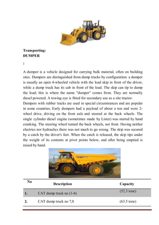 Transporting:
DUMPER
:
A dumper is a vehicle designed for carrying bulk material, often on building
sites. Dumpers are distinguished from dump trucks by configuration: a dumper
is usually an open 4-wheeled vehicle with the load skip in front of the driver,
while a dump truck has its cab in front of the load. The skip can tip to dump
the load; this is where the name "dumper" comes from. They are normally
diesel powered. A towing eye is fitted for secondary use as a site tractor.
Dumpers with rubber tracks are used in special circumstances and are popular
in some countries. Early dumpers had a payload of about a ton and were 2-
wheel drive, driving on the front axle and steered at the back wheels. The
single cylinder diesel engine (sometimes made by Lister) was started by hand
cranking. The steering wheel turned the back wheels, not front. Having neither
electrics nor hydraulics there was not much to go wrong. The skip was secured
by a catch by the driver's feet. When the catch is released, the skip tips under
the weight of its contents at pivot points below, and after being emptied is
raised by hand.
No
Description Capacity
1. CAT dump truck no (1-6)
(52.3 tone)
2. CAT dump truck no 7,8 (63.5 tone)
 