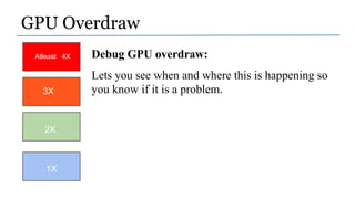 GPU Overdraw
Atleast 4X
3X
2X
1X
Debug GPU overdraw:
Lets you see when and where this is happening so
you know if it is a problem.
 