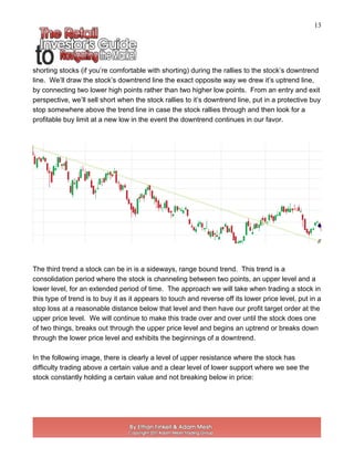 13
shorting stocks (if you’re comfortable with shorting) during the rallies to the stock’s downtrend
line. We’ll draw the stock’s downtrend line the exact opposite way we drew it’s uptrend line,
by connecting two lower high points rather than two higher low points. From an entry and exit
perspective, we’ll sell short when the stock rallies to it’s downtrend line, put in a protective buy
stop somewhere above the trend line in case the stock rallies through and then look for a
profitable buy limit at a new low in the event the downtrend continues in our favor.
The third trend a stock can be in is a sideways, range bound trend. This trend is a
consolidation period where the stock is channeling between two points, an upper level and a
lower level, for an extended period of time. The approach we will take when trading a stock in
this type of trend is to buy it as it appears to touch and reverse off its lower price level, put in a
stop loss at a reasonable distance below that level and then have our profit target order at the
upper price level. We will continue to make this trade over and over until the stock does one
of two things, breaks out through the upper price level and begins an uptrend or breaks down
through the lower price level and exhibits the beginnings of a downtrend.
In the following image, there is clearly a level of upper resistance where the stock has
difficulty trading above a certain value and a clear level of lower support where we see the
stock constantly holding a certain value and not breaking below in price:
 