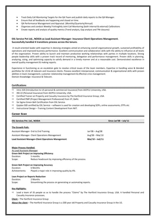 • Track Daily Call Monitoring Targets for the QA Team and publish daily reports to the QA Manager.
• Ensure that all feedbacks are happening and closed on time.
• QA Performance Management and Appraisal. (Monthly/Quarterly/Annual)
• Organizes and conduct Weekly/ Fortnightly Joint Call Monitoring (both internal & external) Calibrations
• Create reports and analysis of quality metrics (Trend analysis, Gap analysis and TNI closures)
EXL Service Pvt Ltd., NOIDA as Lead Assistant Manager- Insurance Client Operations Management.
Successfully handled 4 transitions process across the tenure.
A result-oriented leader with expertise in devising strategies aimed at enhancing overall organizational growth, sustained profitability of
operations and improved business performance. Excellent communication and collaboration skills with the ability to influence at all levels
of the organization. Proven ability to launch and maintain productive working relationships with parties in multiple locations. Strong
people leadership skills with a proven track record of mentoring, delegation and performance management. Proven skills in planning,
analyzing, sizing, and optimizing capacity to satisfy demand in a timely manner and at a reasonable cost. Demonstrated excellence in
overall quality management & making reports.
Experience in functioning as an escalation gate to resolve critical issues of the team members. Expertise in handling voice & blended
portfolios for US & UK telecom and Insurance clients. Possess excellent interpersonal, communication & organizational skills with proven
abilities in team management, customer relationship management & effective crisis management.
Domain Knowledge: Insurance & Telecom.
Certifications
 Intro 320 (Introduction to US personal & commercial Insurance) from AICPCU University, USA.
 INS 22 (Personal Insurance) from AICPCU University, USA.
 Certified Trainer on Property and Casualty Insurance by The Hartford Insurance Group, USA.
 Certified PMP (Project Management Professional) from IIT, Delhi.
 Six Sigma Green Belt Certification from EXL Service.
 Epiplex 500 certified by EXL Service – software is used for creation and developing SOPs, online assessments, DTPs etc
 Instructional Design – Training Content Development from NIIT.
Career Scan
EXL Services Pvt. Ltd., NOIDA Since Jan’08 – July’11
The Growth Path:
Assistant Manager- End to End Training Jan’08 – Aug’08
Assistant Manager- Client Operations Management Aug’08 – May’10
Lead Assistant Manager-Client Operations Management May’10 – July’11
Major Process Handled:
As Lead Assistant Manager
Green Belt Project on Improving Efficiency
Duration: 5 months
Scope: Reduce headcount by improving efficiency of the process.
Green Belt Project on Improving Accuracy
Duration: 6 Months
Achievements: Played a major role in improving quality by 4%.
Lean Project on Reports Reduction
Duration: 2 Months
Scope: Streamlining the process on generating or automating reports.
Key Highlights:
 Lead a team of 35 people so as to handle the process “Claims” by The Hartford Insurance Group, USA. It handled Personal and
Casualty Insurance processes.
Client – The Hartford Insurance Group
About the client – The Hartford Insurance Group is a 200 year old Property and Casualty Insurance Group in the US.
 