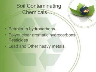 Soil Contaminating
Chemicals…..
• Petroleum hydrocarbons.
• Polynuclear aromatic hydrocarbons.
Pesticides
• Lead and Other heavy metals.
 