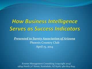 Presented to Surety Association of Arizona
Phoenix Country Club
April 15, 2014
Kramer Management Consulting (copyright 2014)
15849 North 71st Street, Scottsdale, AZ 85267 480-824-8194
 
