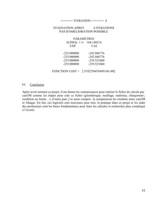 15
======= ITERATION ======= 4
STAGNATION APRES 4 ITERATIONS
PAS D'AMELIORATION POSSIBLE
PARAMETRES
ALPHA( 1 )= 164.148214
EXP CAL
-235.000000 -242.046776
-235.000000 -242.046776
-235.000000 -239.521060
-235.000000 -239.521060
FONCTION COST = 2.519225047688914E-002
VI. Conclusion
Après avoir terminé ce projet, il me donne les connaissances pour réaliser le ficher de calcule par
cast3M comme les étapes pour crée ce ficher (géométrique; maillage; matériau; chargement ;
condition au limite…), d’autre part, j’ai aussi compris la comparaison les résultats entre cast3M
et Abaqus. En fait, ces logiciels sont nouveaux pour moi, la pratique dans ce projet et les aider
des professeurs sont les bases fondamentaux pour faire les calcules et recherches plus compliqué
à l’avenir.
 