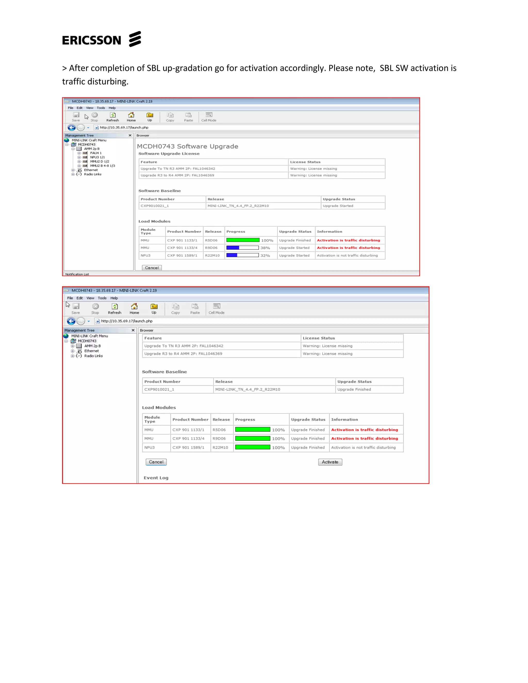 > After completion of SBL up-gradation go for activation accordingly. Please note, SBL SW activation is
traffic disturbing.
 