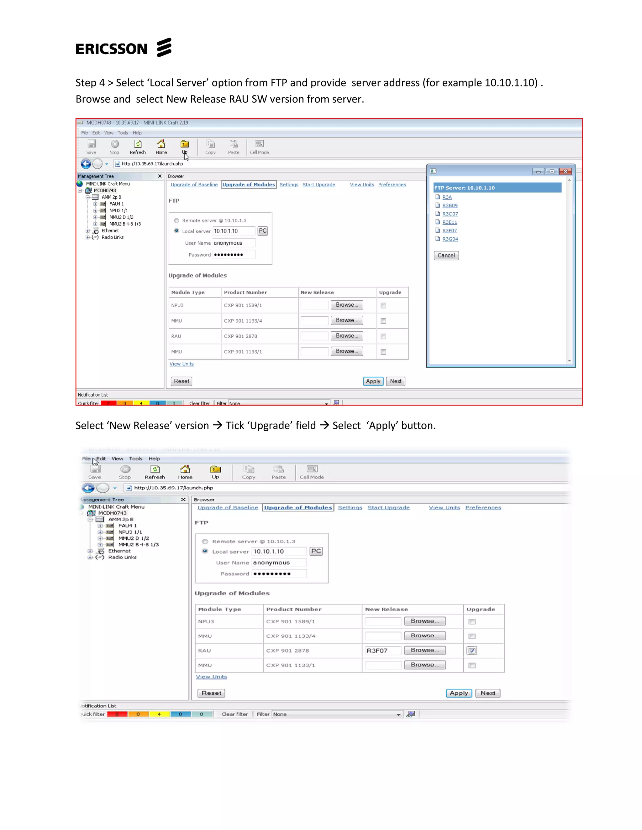 Step 4 > Select ‘Local Server’ option from FTP and provide server address (for example 10.10.1.10) .
Browse and select New Release RAU SW version from server.
Select ‘New Release’ version  Tick ‘Upgrade’ field  Select ‘Apply’ button.
 