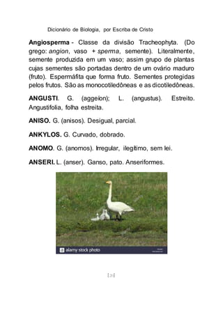 Dicionário de Biologia, por Escriba de Cristo
[20]
Angiosperma - Classe da divisão Tracheophyta. (Do
grego: angion, vaso + sperma, semente). Literalmente,
semente produzida em um vaso; assim grupo de plantas
cujas sementes são portadas dentro de um ovário maduro
(fruto). Espermáfita que forma fruto. Sementes protegidas
pelos frutos. São as monocotiledôneas e as dicotiledôneas.
ANGUSTI. G. (aggeíon); L. (angustus). Estreito.
Angustifolia, folha estreita.
ANISO. G. (anisos). Desigual, parcial.
ANKYLOS. G. Curvado, dobrado.
ANOMO. G. (anomos). Irregular, ilegítimo, sem lei.
ANSERI. L. (anser). Ganso, pato. Anseriformes.
 