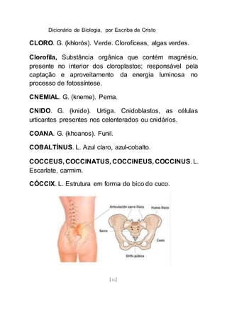 Dicionário de Biologia, por Escriba de Cristo
[46]
CLORO. G. (khlorós). Verde. Clorofíceas, algas verdes.
Clorofila, Substância orgânica que contém magnésio,
presente no interior dos cloroplastos; responsável pela
captação e aproveitamento da energia luminosa no
processo de fotossíntese.
CNEMIAL. G. (kneme). Perna.
CNIDO. G. (knide). Urtiga. Cnidoblastos, as células
urticantes presentes nos celenterados ou cnidários.
COANA. G. (khoanos). Funil.
COBALTÍNUS. L. Azul claro, azul-cobalto.
COCCEUS, COCCINATUS, COCCINEUS, COCCINUS. L.
Escarlate, carmim.
CÓCCIX. L. Estrutura em forma do bico do cuco.
 