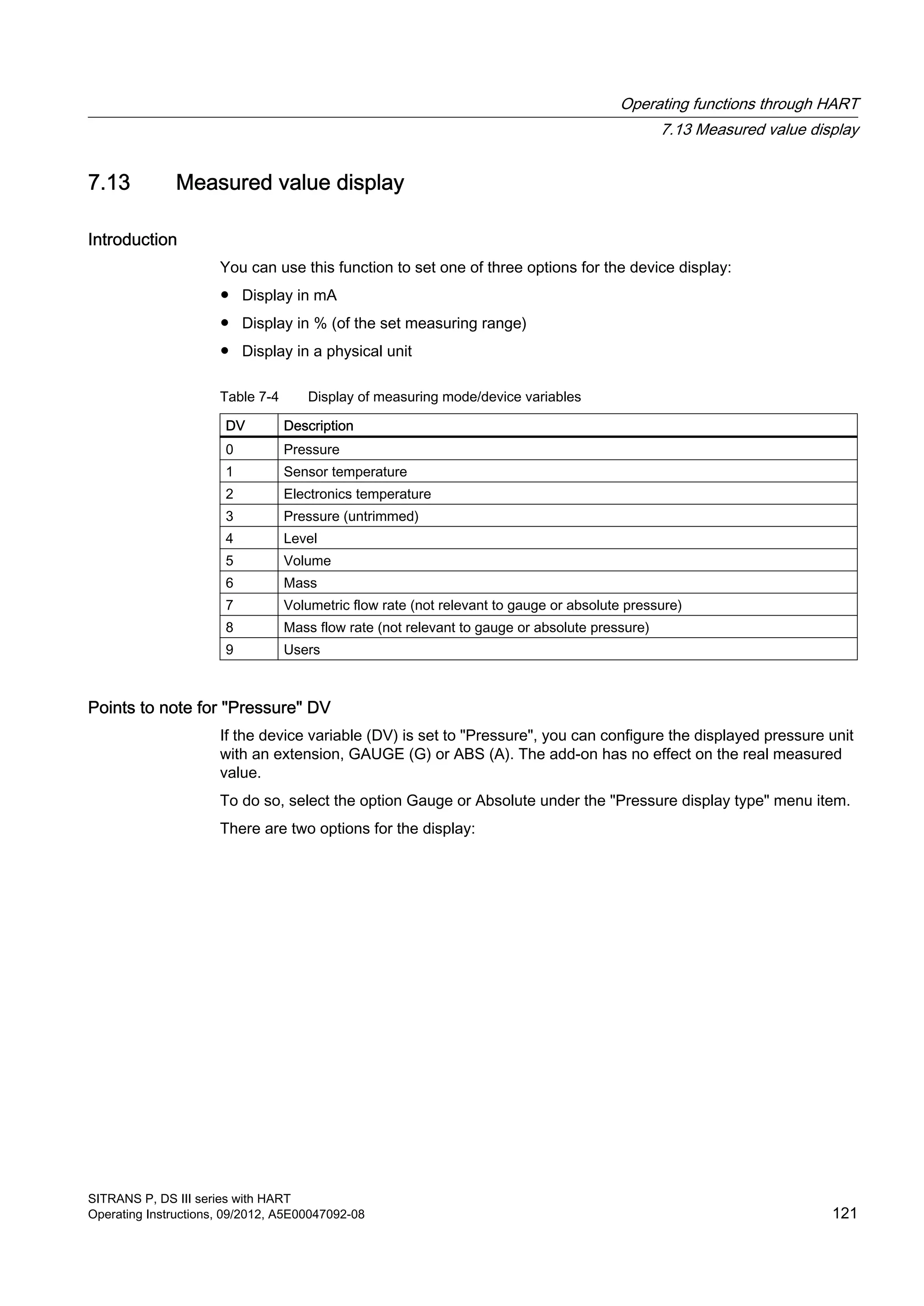 7.13 Measured value display
Introduction
You can use this function to set one of three options for the device display:
● Display in mA
● Display in % (of the set measuring range)
● Display in a physical unit
Table 7-4 Display of measuring mode/device variables
DV Description
0 Pressure
1 Sensor temperature
2 Electronics temperature
3 Pressure (untrimmed)
4 Level
5 Volume
6 Mass
7 Volumetric flow rate (not relevant to gauge or absolute pressure)
8 Mass flow rate (not relevant to gauge or absolute pressure)
9 Users
Points to note for "Pressure" DV
If the device variable (DV) is set to "Pressure", you can configure the displayed pressure unit
with an extension, GAUGE (G) or ABS (A). The add-on has no effect on the real measured
value.
To do so, select the option Gauge or Absolute under the "Pressure display type" menu item.
There are two options for the display:
Operating functions through HART
7.13 Measured value display
SITRANS P, DS III series with HART
Operating Instructions, 09/2012, A5E00047092-08 121
 
